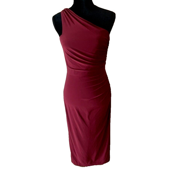 DB Studio Bodycon Dress Womens Size 4 Burgundy One Shoulder Knee Length Dress - Picture 1 of 14